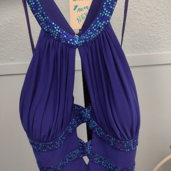 Deb royal blue fitted prom dress with jeweled straps - Picture 2 of 3